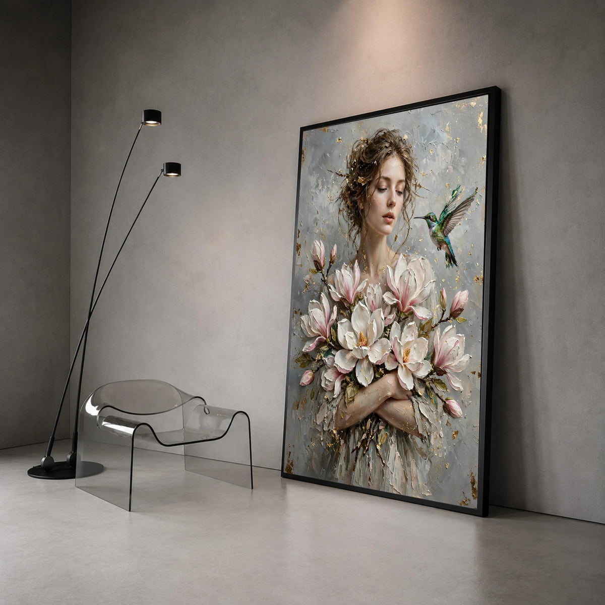 Elegant Woman with Magnolia Blossoms, Hummingbird Canvas Wall Art, Floral Portrait Painting, Romantic Home Decoration, Canvas Print Art