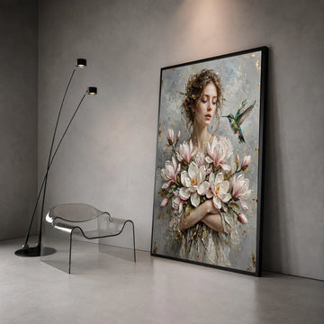 Elegant Woman with Magnolia Blossoms, Hummingbird Canvas Wall Art, Floral Portrait Painting, Romantic Home Decoration, Canvas Print Art