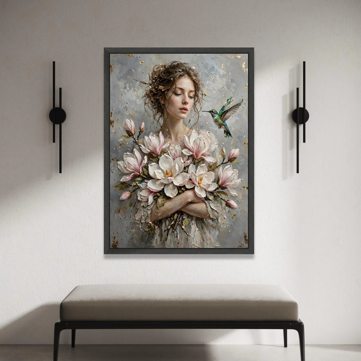 Elegant Woman with Magnolia Blossoms, Hummingbird Canvas Wall Art, Floral Portrait Painting, Romantic Home Decoration, Canvas Print Art