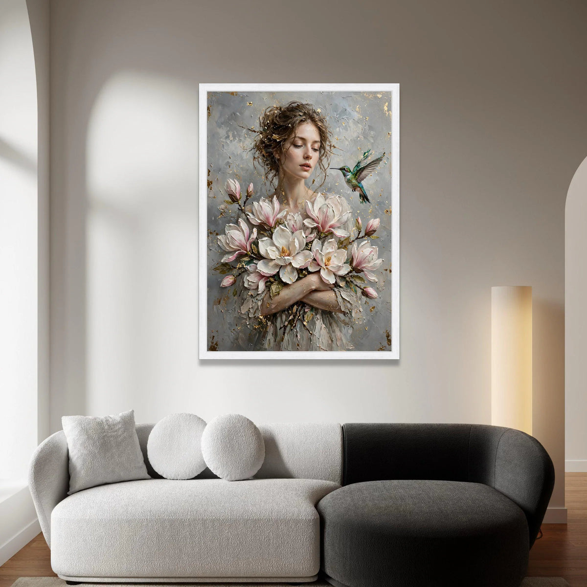 Elegant Woman with Magnolia Blossoms, Hummingbird Canvas Wall Art, Floral Portrait Painting, Romantic Home Decoration, Canvas Print Art