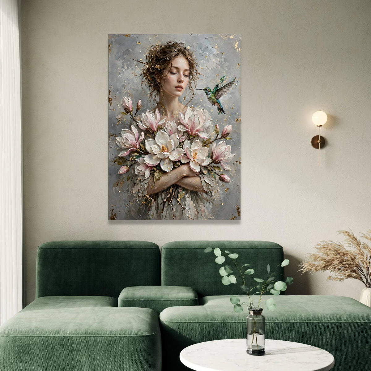 Elegant Woman with Magnolia Blossoms, Hummingbird Canvas Wall Art, Floral Portrait Painting, Romantic Home Decoration, Canvas Print Art