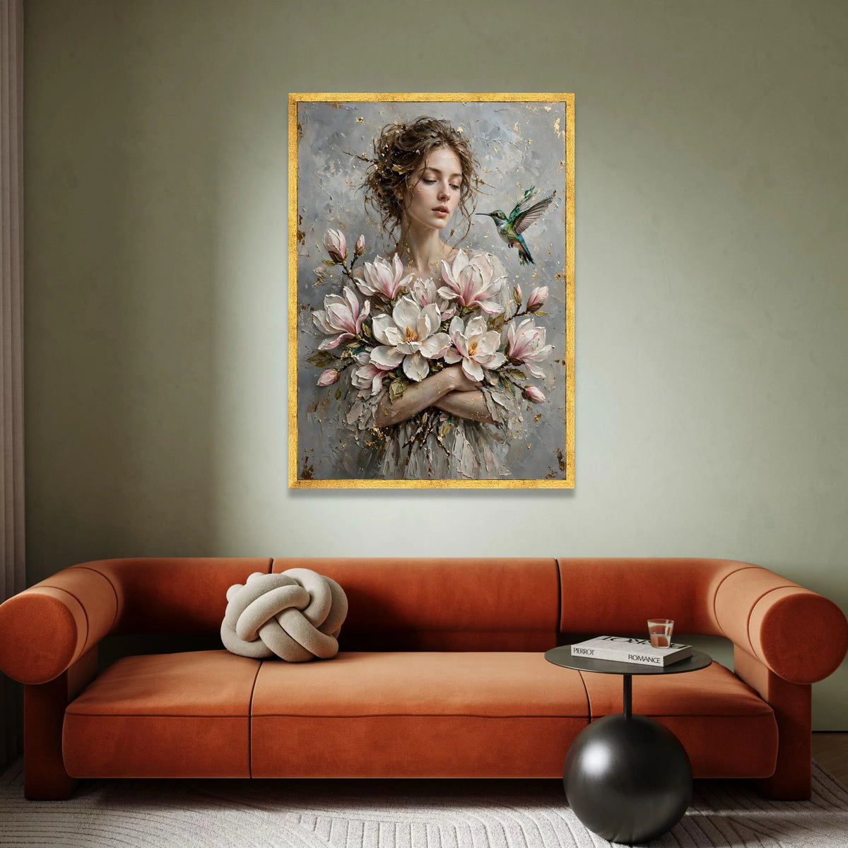 Elegant Woman with Magnolia Blossoms, Hummingbird Canvas Wall Art, Floral Portrait Painting, Romantic Home Decoration, Canvas Print Art
