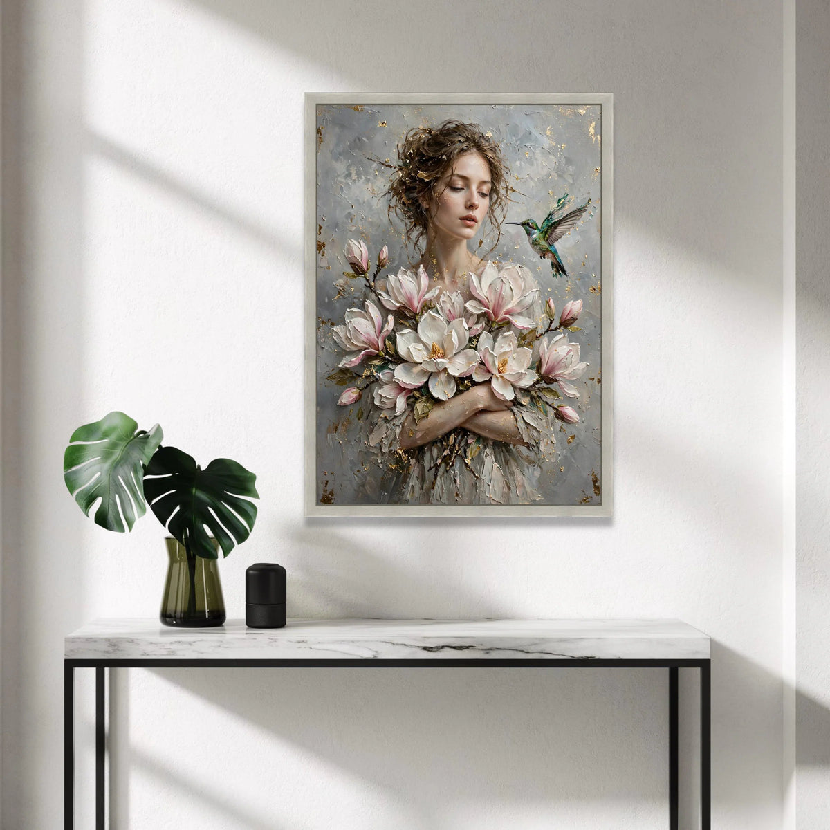 Elegant Woman with Magnolia Blossoms, Hummingbird Canvas Wall Art, Floral Portrait Painting, Romantic Home Decoration, Canvas Print Art