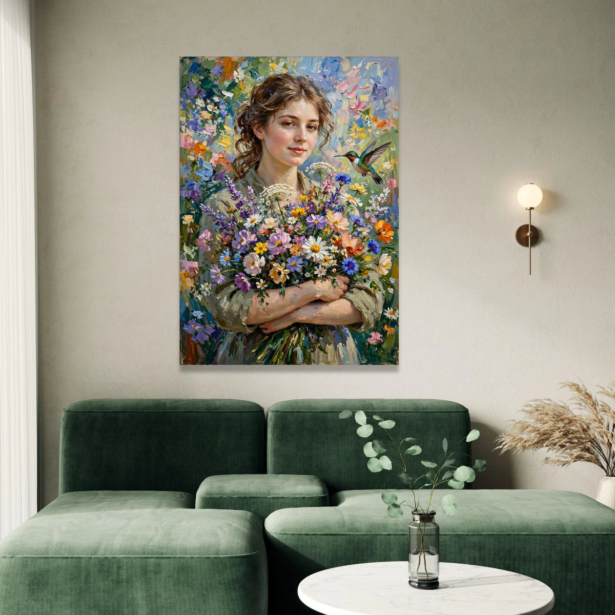 Woman with Wildflower Bouquet Canvas Wall Art, Floral Portrait Painting, Nature and Bird Home Decor, Colorful Garden Canvas Print Art