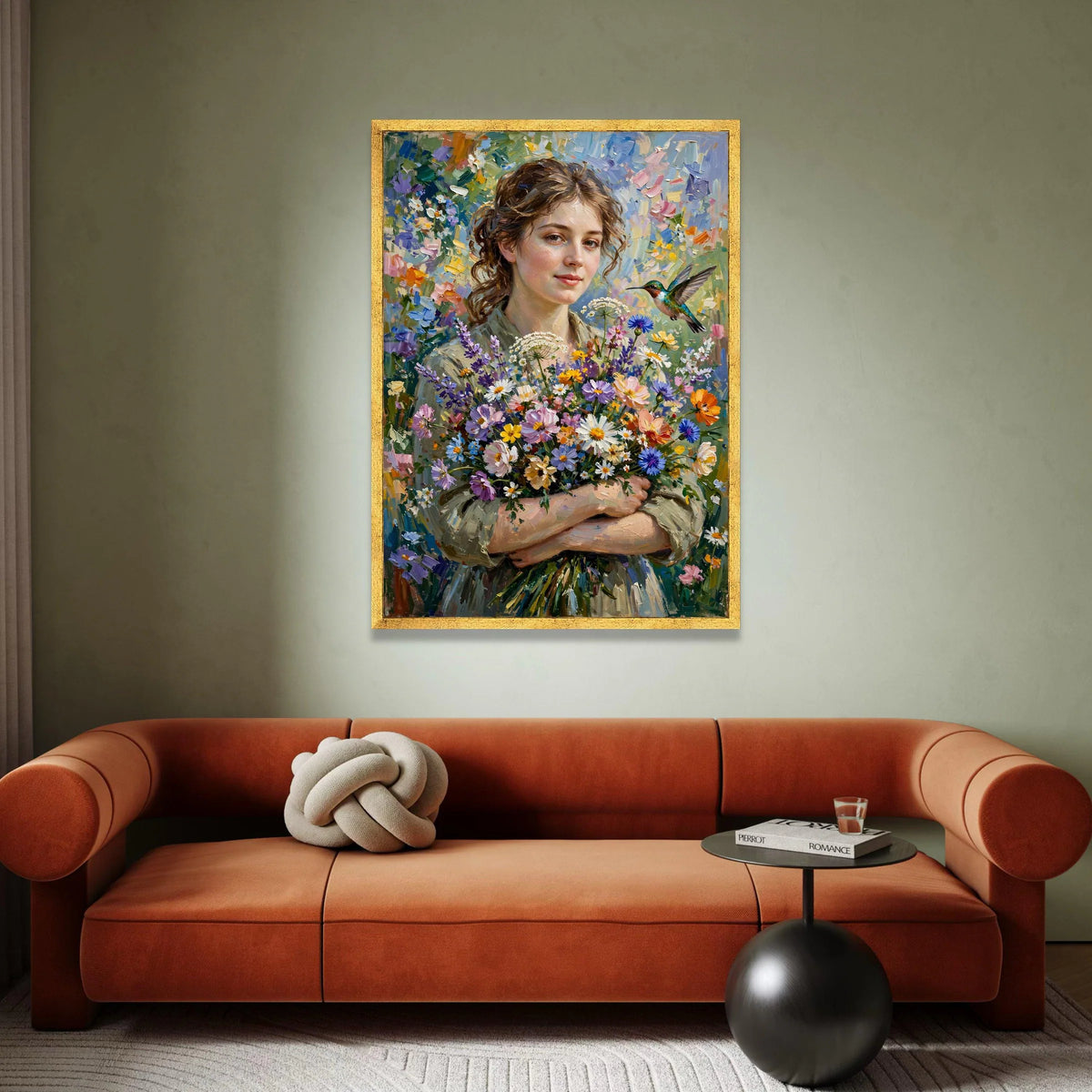 Woman with Wildflower Bouquet Canvas Wall Art, Floral Portrait Painting, Nature and Bird Home Decor, Colorful Garden Canvas Print Art