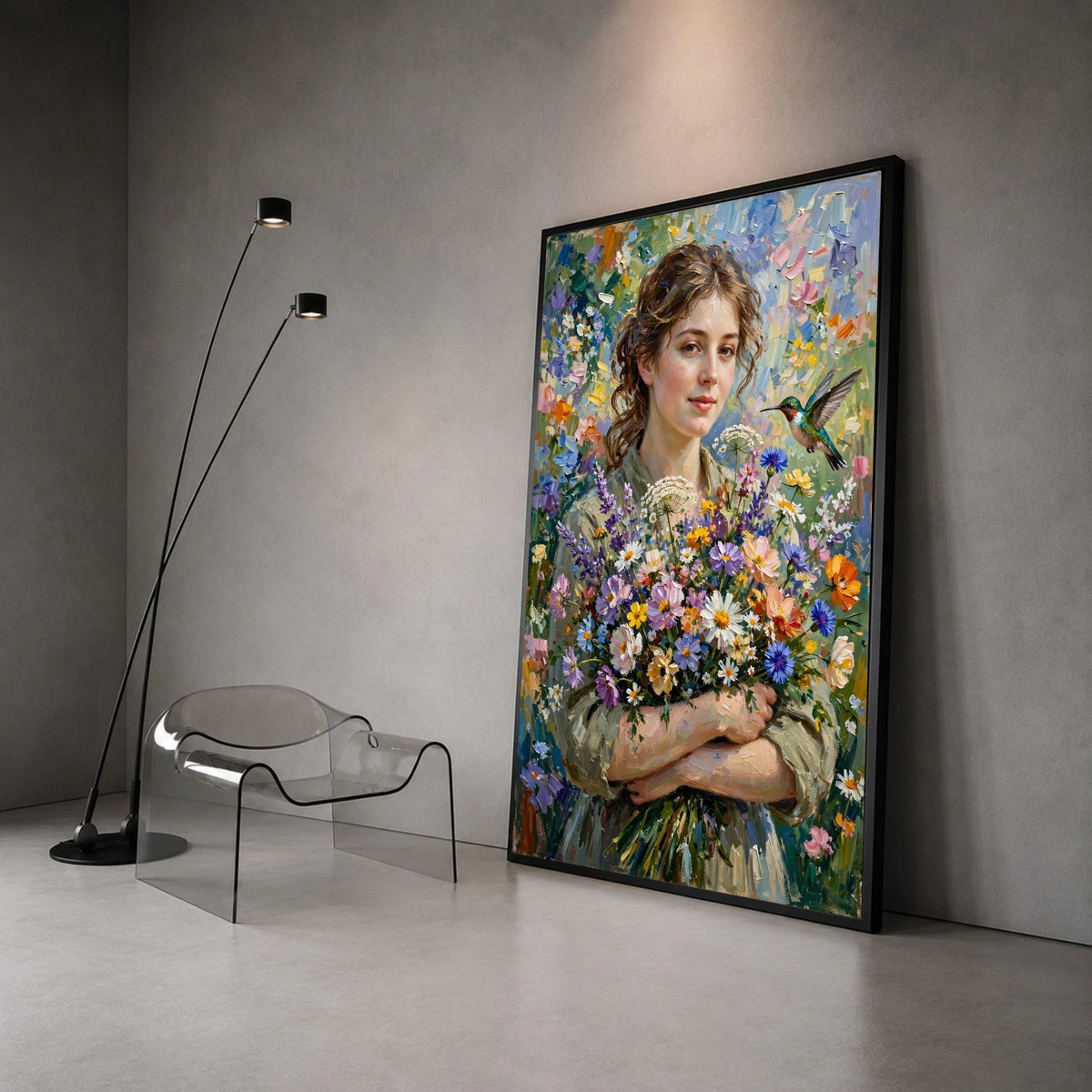 Woman with Wildflower Bouquet Canvas Wall Art, Floral Portrait Painting, Nature and Bird Home Decor, Colorful Garden Canvas Print Art