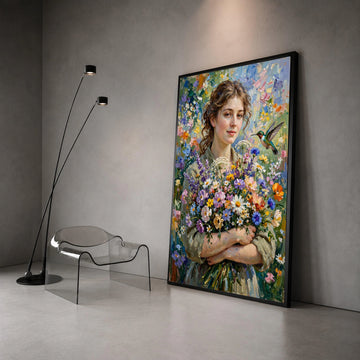 Woman with Wildflower Bouquet Canvas Wall Art, Floral Portrait Painting, Nature and Bird Home Decor, Colorful Garden Canvas Print Art