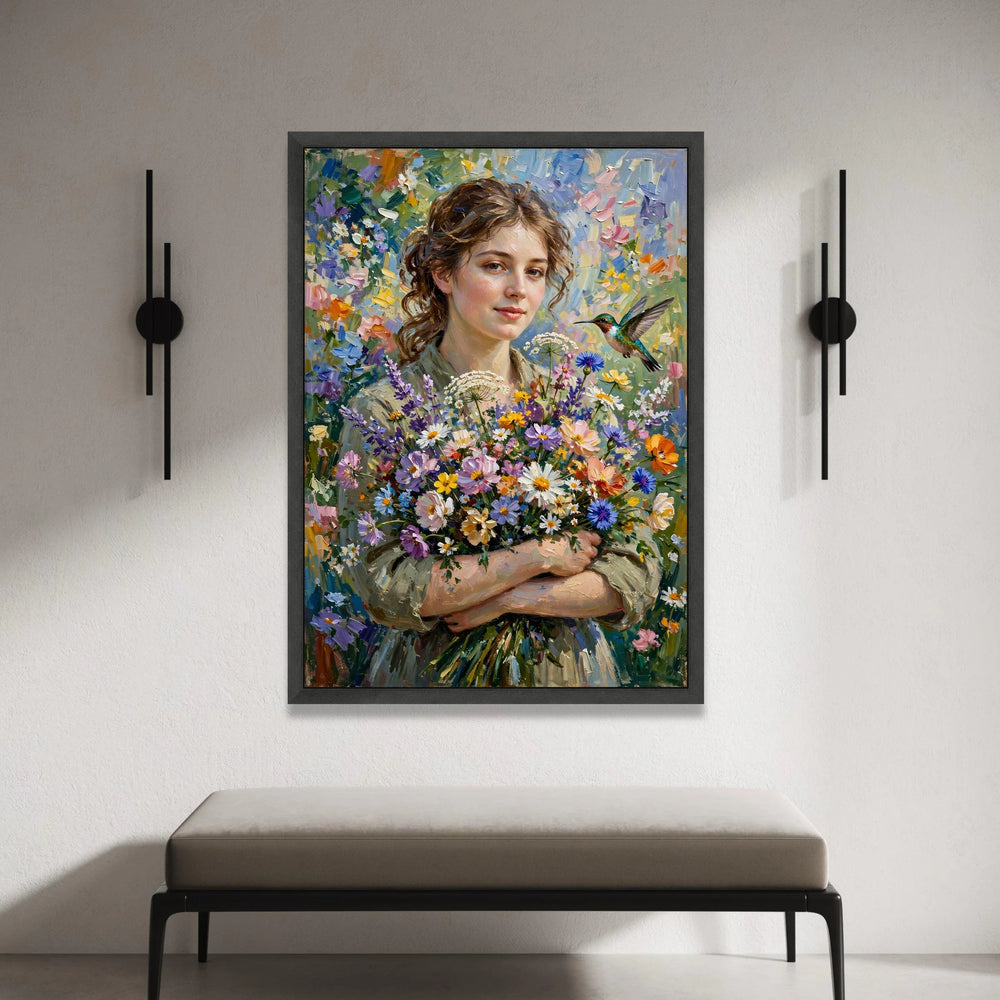 Woman with Wildflower Bouquet Canvas Wall Art, Floral Portrait Painting, Nature and Bird Home Decor, Colorful Garden Canvas Print Art