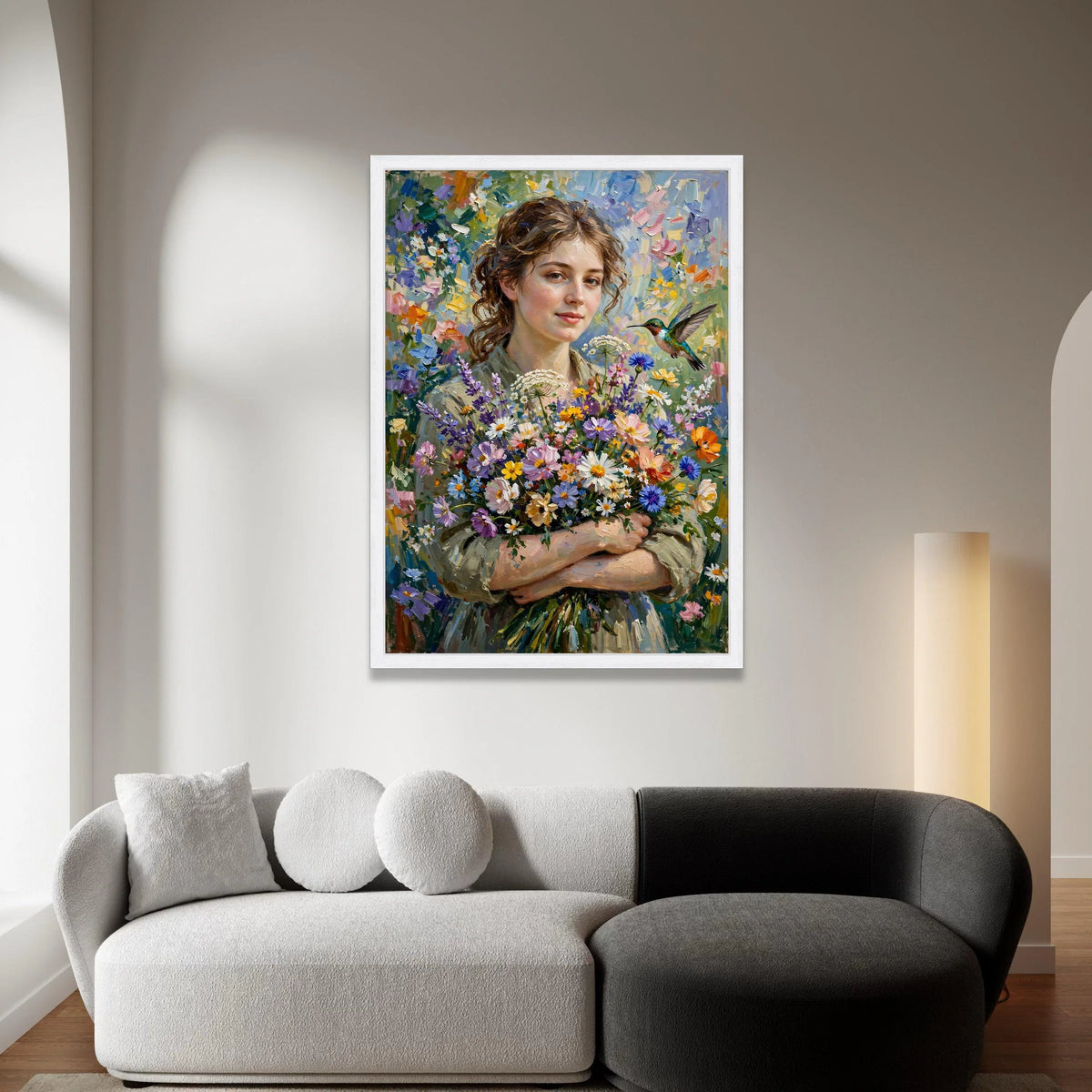 Woman with Wildflower Bouquet Canvas Wall Art, Floral Portrait Painting, Nature and Bird Home Decor, Colorful Garden Canvas Print Art