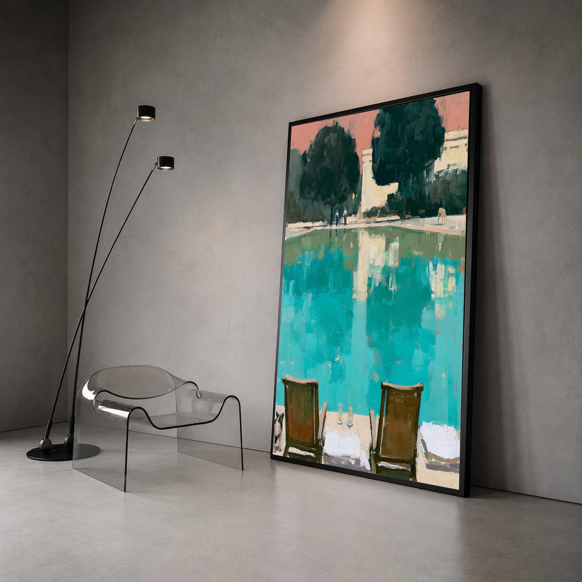 David Hockney Style Poolside View Canvas, Modern Abstract Landscape, Blue and Green Wall Art, Midcentury Home Decor, Canvas Print Art