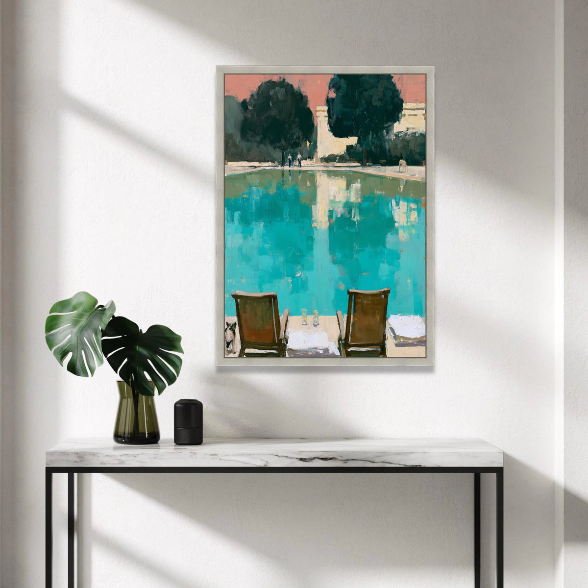 David Hockney Style Poolside View Canvas, Modern Abstract Landscape, Blue and Green Wall Art, Midcentury Home Decor, Canvas Print Art