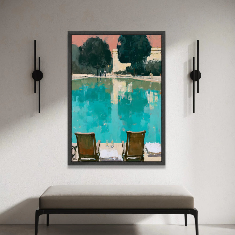 David Hockney Style Poolside View Canvas, Modern Abstract Landscape, Blue and Green Wall Art, Midcentury Home Decor, Canvas Print Art