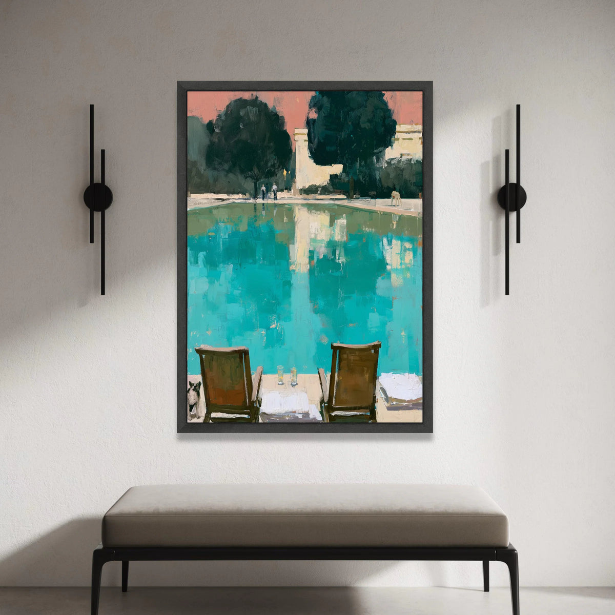David Hockney Style Poolside View Canvas, Modern Abstract Landscape, Blue and Green Wall Art, Midcentury Home Decor, Canvas Print Art