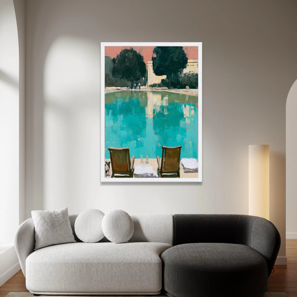 David Hockney Style Poolside View Canvas, Modern Abstract Landscape, Blue and Green Wall Art, Midcentury Home Decor, Canvas Print Art