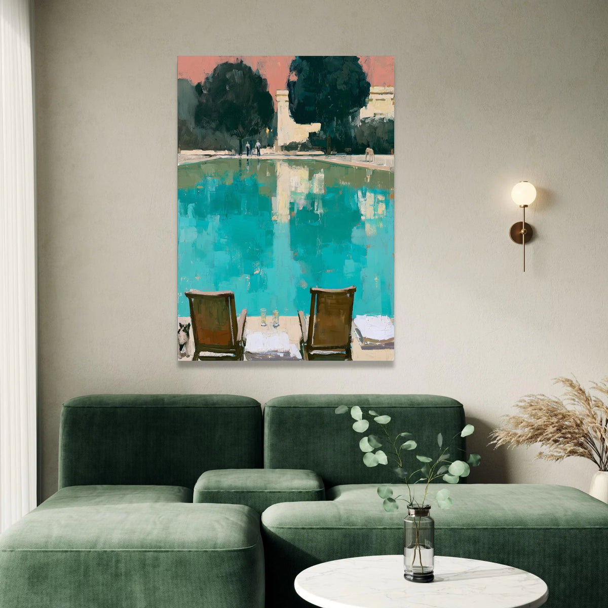 David Hockney Style Poolside View Canvas, Modern Abstract Landscape, Blue and Green Wall Art, Midcentury Home Decor, Canvas Print Art