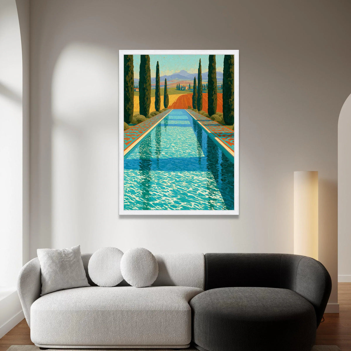 David Hockney Style Pool Reflection Canvas, Vibrant Landscape Wall Art, Modern Pop Art Home Decor, Mediterranean Scene Canvas Print Art