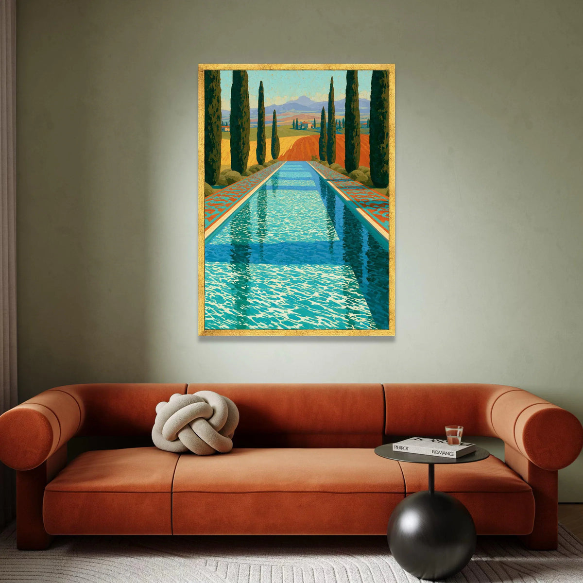 David Hockney Style Pool Reflection Canvas, Vibrant Landscape Wall Art, Modern Pop Art Home Decor, Mediterranean Scene Canvas Print Art