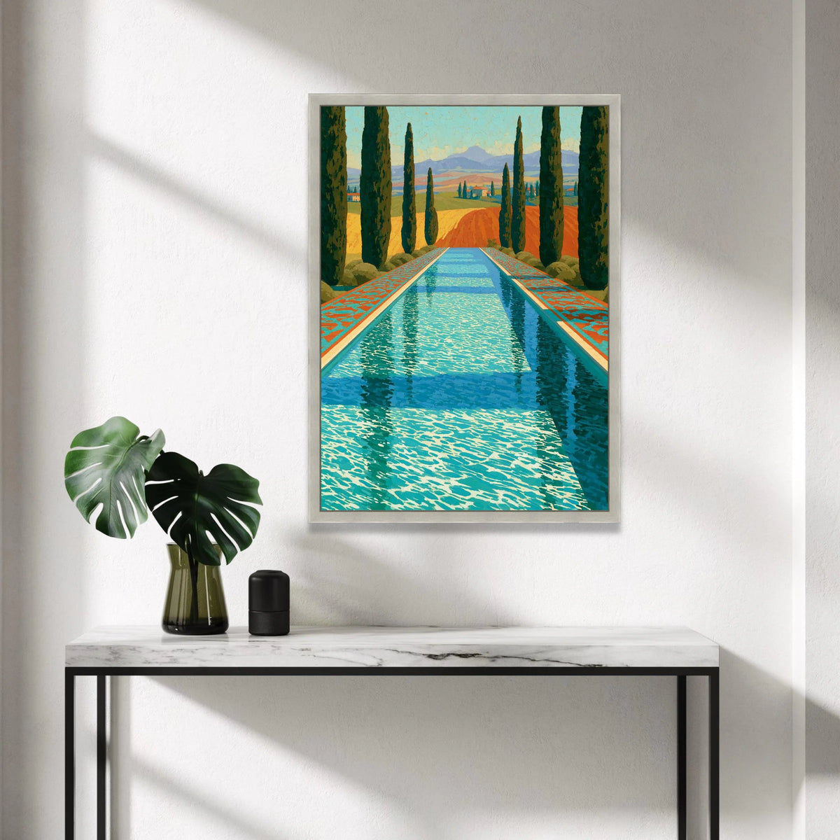 David Hockney Style Pool Reflection Canvas, Vibrant Landscape Wall Art, Modern Pop Art Home Decor, Mediterranean Scene Canvas Print Art