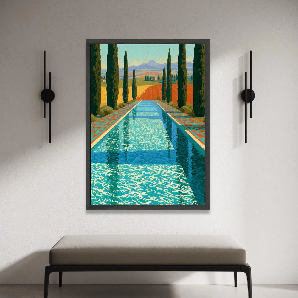 David Hockney Style Pool Reflection Canvas, Vibrant Landscape Wall Art, Modern Pop Art Home Decor, Mediterranean Scene Canvas Print Art