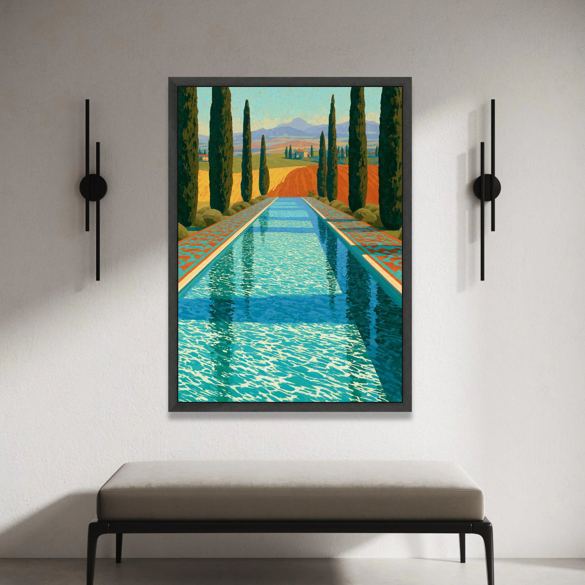 David Hockney Style Pool Reflection Canvas, Vibrant Landscape Wall Art, Modern Pop Art Home Decor, Mediterranean Scene Canvas Print Art