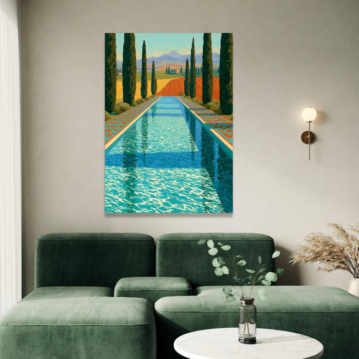 David Hockney Style Pool Reflection Canvas, Vibrant Landscape Wall Art, Modern Pop Art Home Decor, Mediterranean Scene Canvas Print Art