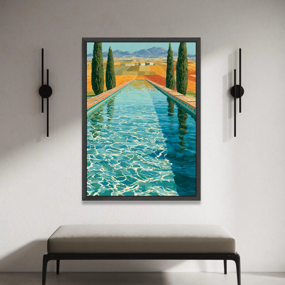 David Hockney Style Pool View Canvas Wall Art, Colorful Landscape Painting, Modern Art Home Decor, Blue Water Reflection, Canvas Print Art