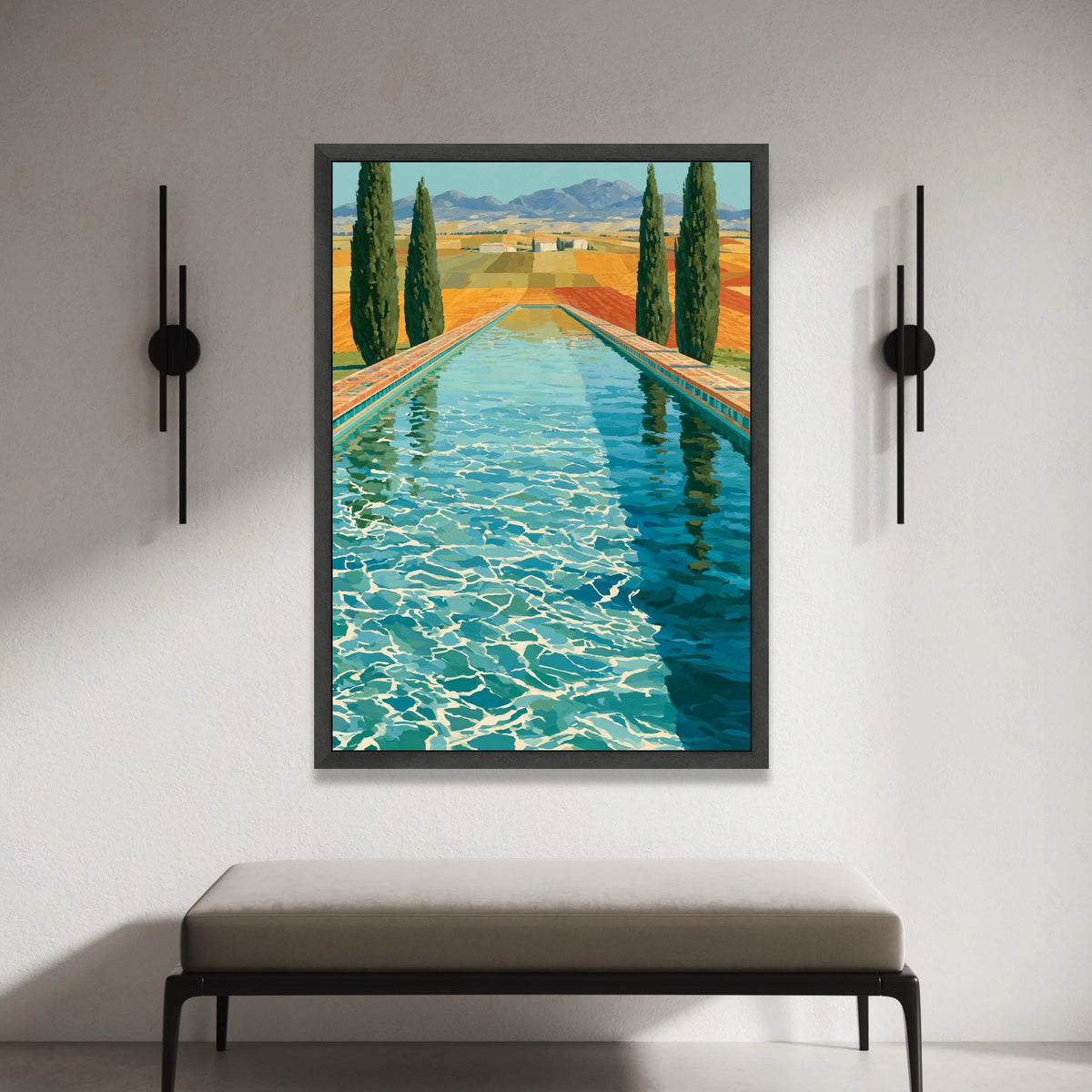 David Hockney Style Pool View Canvas Wall Art, Colorful Landscape Painting, Modern Art Home Decor, Blue Water Reflection, Canvas Print Art