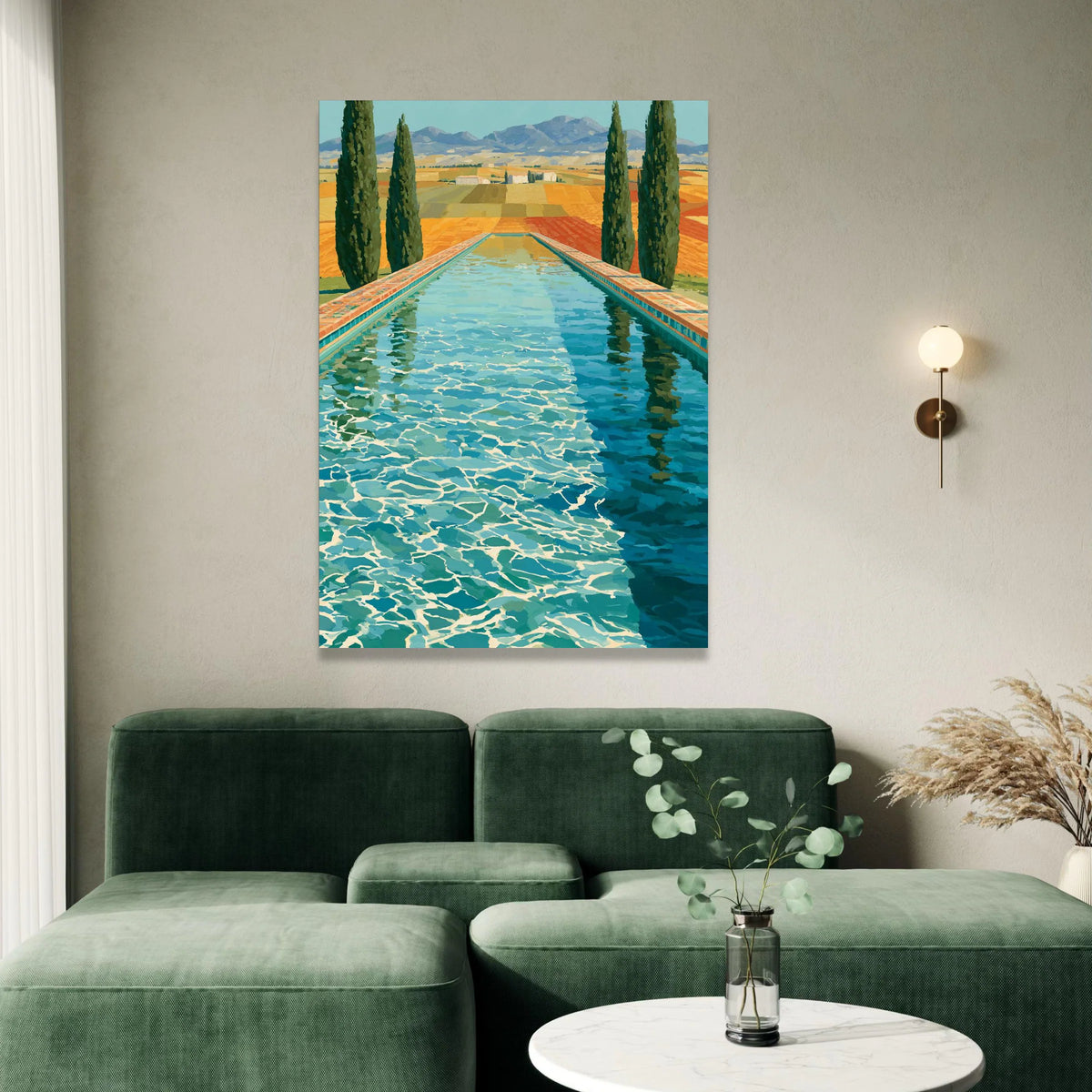 David Hockney Style Pool View Canvas Wall Art, Colorful Landscape Painting, Modern Art Home Decor, Blue Water Reflection, Canvas Print Art