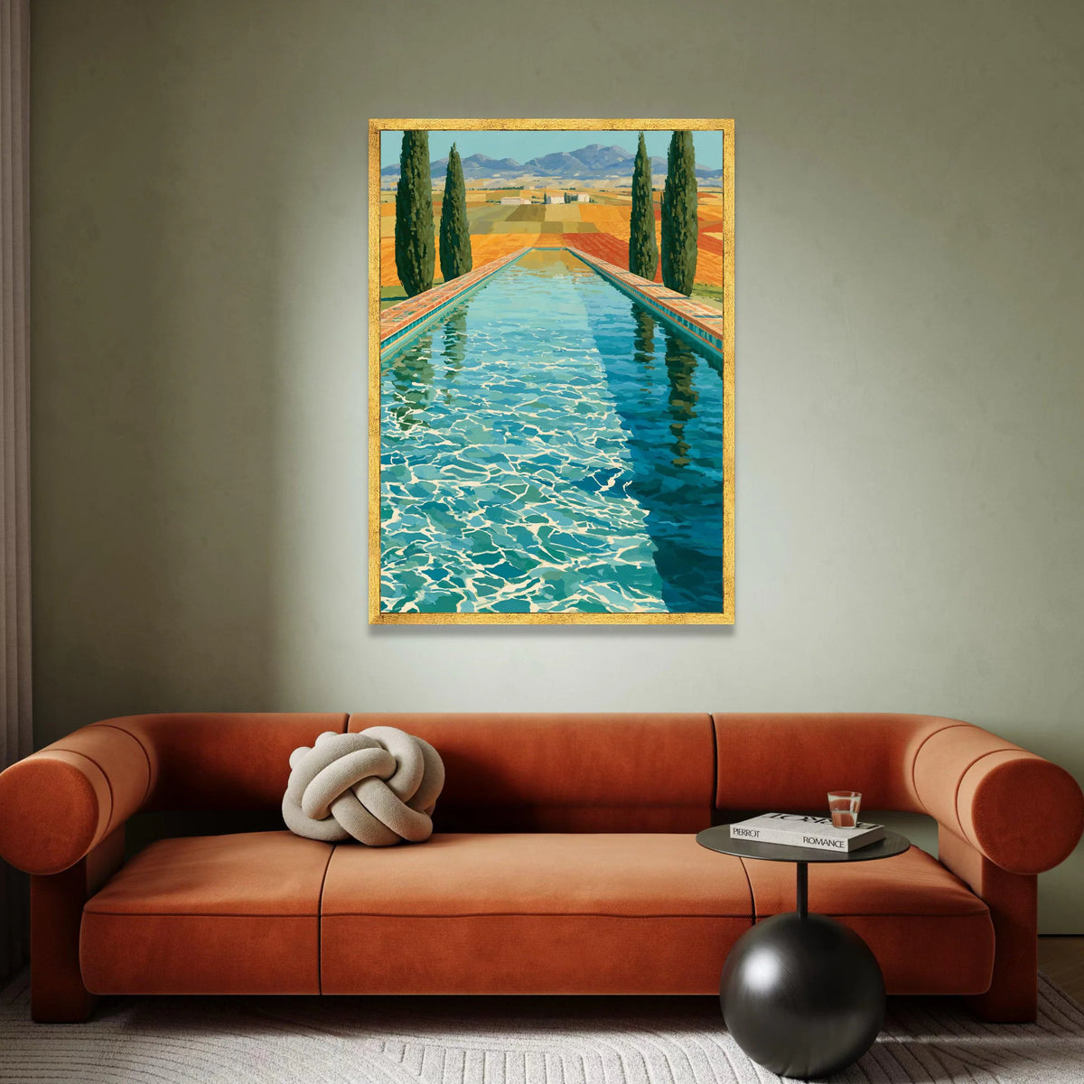 David Hockney Style Pool View Canvas Wall Art, Colorful Landscape Painting, Modern Art Home Decor, Blue Water Reflection, Canvas Print Art