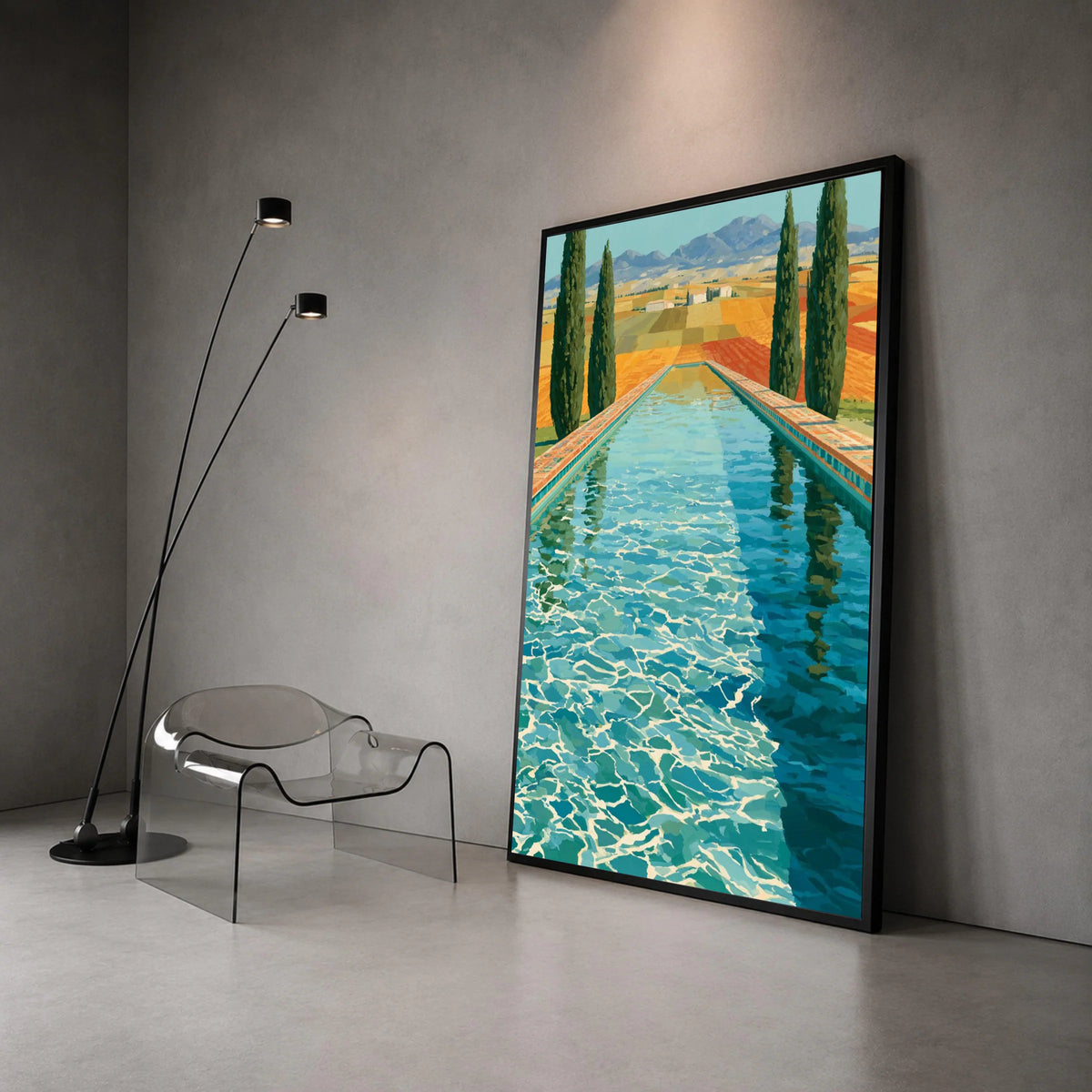 David Hockney Style Pool View Canvas Wall Art, Colorful Landscape Painting, Modern Art Home Decor, Blue Water Reflection, Canvas Print Art