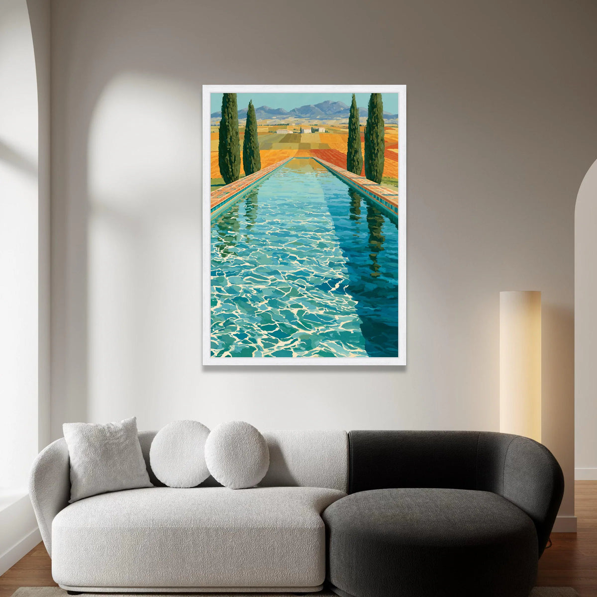 David Hockney Style Pool View Canvas Wall Art, Colorful Landscape Painting, Modern Art Home Decor, Blue Water Reflection, Canvas Print Art