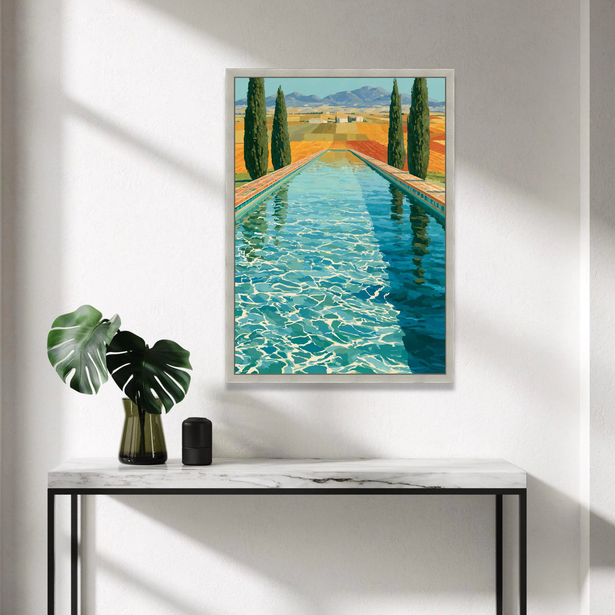 David Hockney Style Pool View Canvas Wall Art, Colorful Landscape Painting, Modern Art Home Decor, Blue Water Reflection, Canvas Print Art