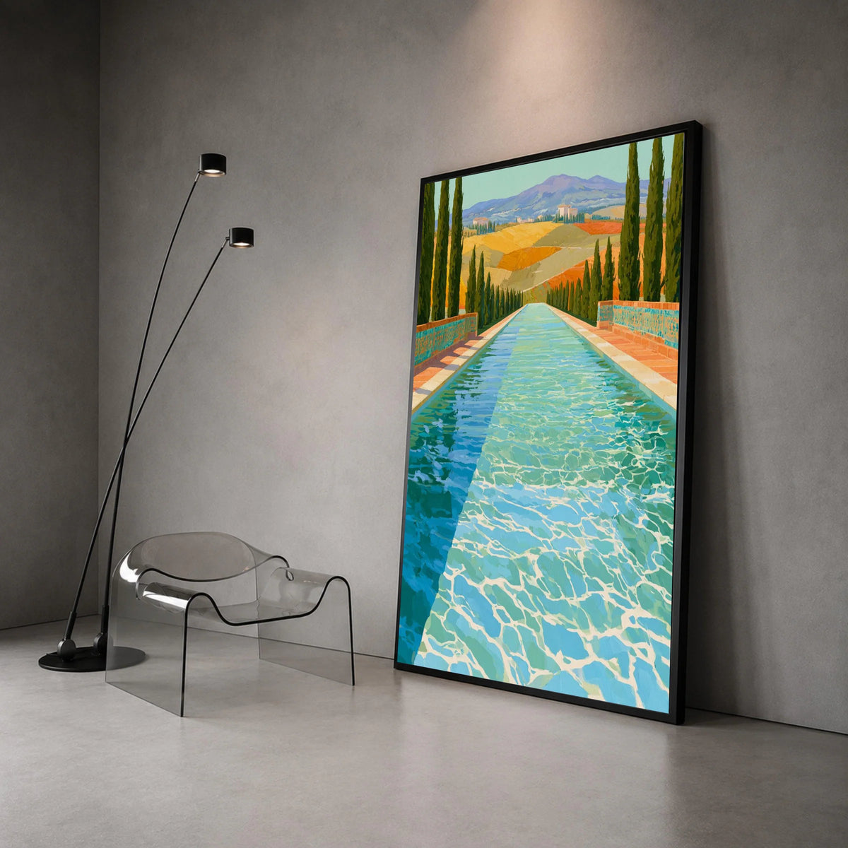 David Hockney Style Pool Reflection Canvas, Modern Landscape Wall Art, Vibrant Water Scene, Colorful Contemporary Home Canvas Print Art