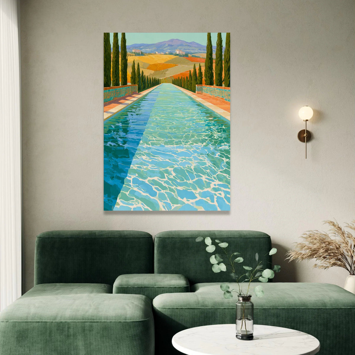 David Hockney Style Pool Reflection Canvas, Modern Landscape Wall Art, Vibrant Water Scene, Colorful Contemporary Home Canvas Print Art