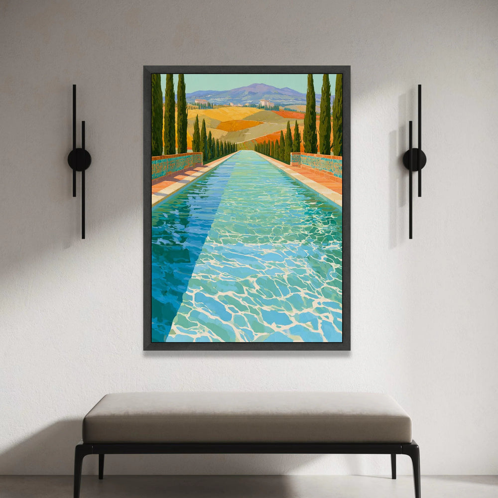 David Hockney Style Pool Reflection Canvas, Modern Landscape Wall Art, Vibrant Water Scene, Colorful Contemporary Home Canvas Print Art