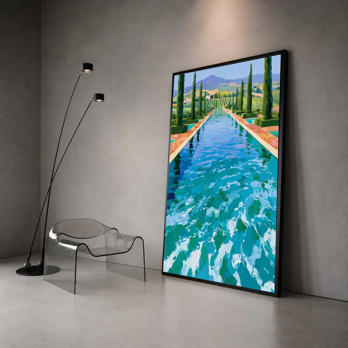David Hockney Style Poolside Landscape Canvas, Contemporary Cypress Trees Wall Art, Vibrant Blue Water Reflection Artwork, Canvas Print Art