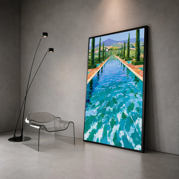 David Hockney Style Poolside Landscape Canvas, Contemporary Cypress Trees Wall Art, Vibrant Blue Water Reflection Artwork, Canvas Print Art