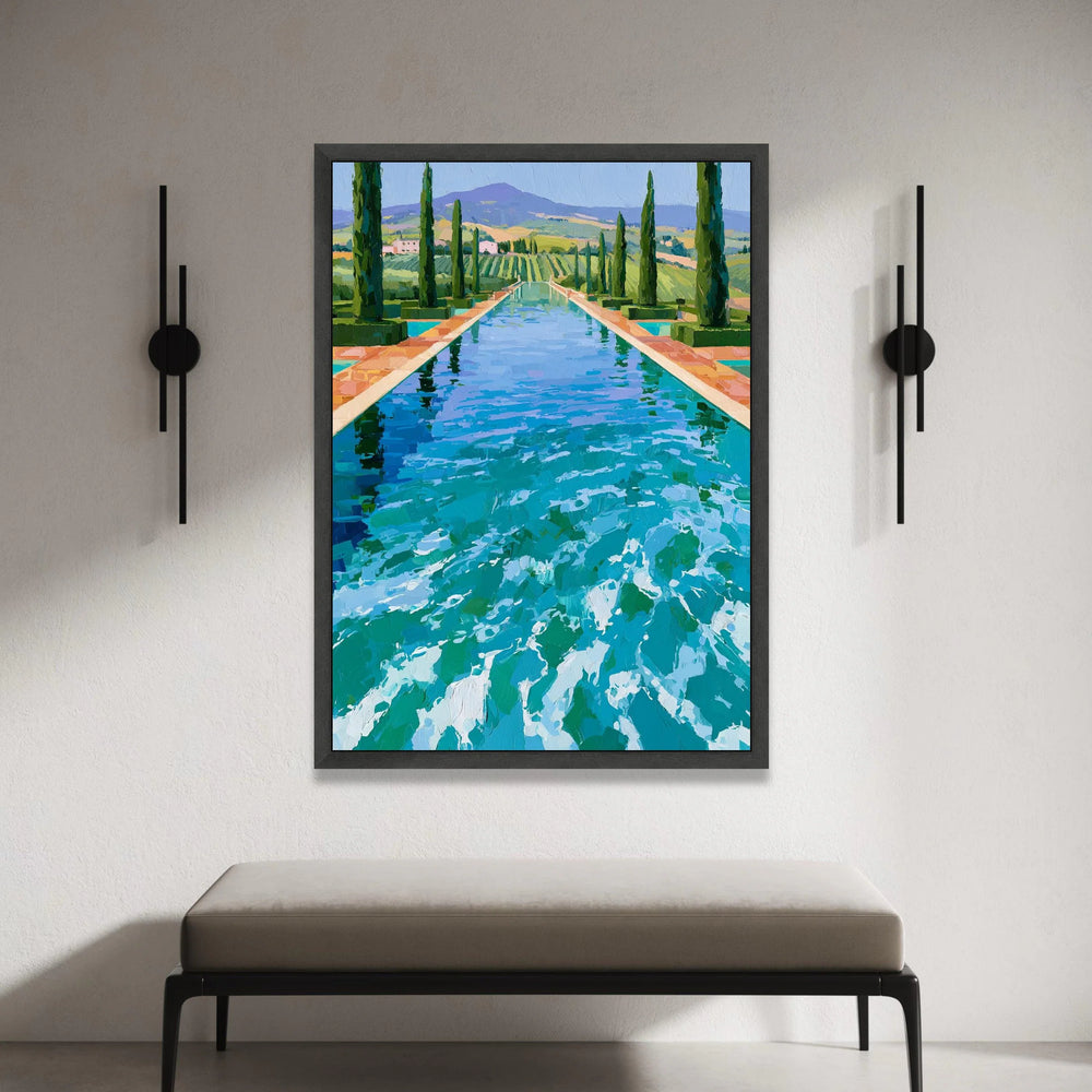David Hockney Style Poolside Landscape Canvas, Contemporary Cypress Trees Wall Art, Vibrant Blue Water Reflection Artwork, Canvas Print Art