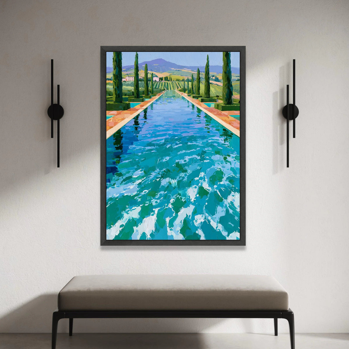 David Hockney Style Poolside Landscape Canvas, Contemporary Cypress Trees Wall Art, Vibrant Blue Water Reflection Artwork, Canvas Print Art