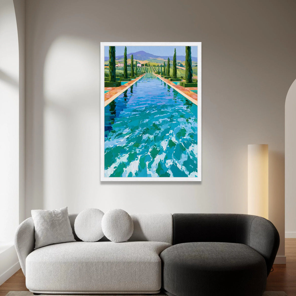 David Hockney Style Poolside Landscape Canvas, Contemporary Cypress Trees Wall Art, Vibrant Blue Water Reflection Artwork, Canvas Print Art