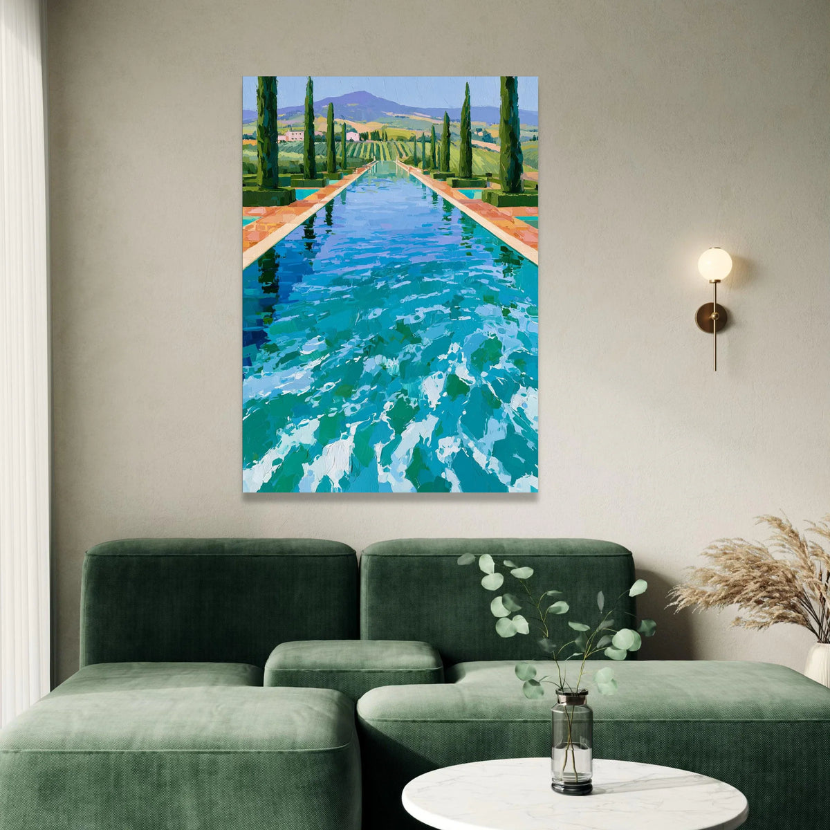 David Hockney Style Poolside Landscape Canvas, Contemporary Cypress Trees Wall Art, Vibrant Blue Water Reflection Artwork, Canvas Print Art
