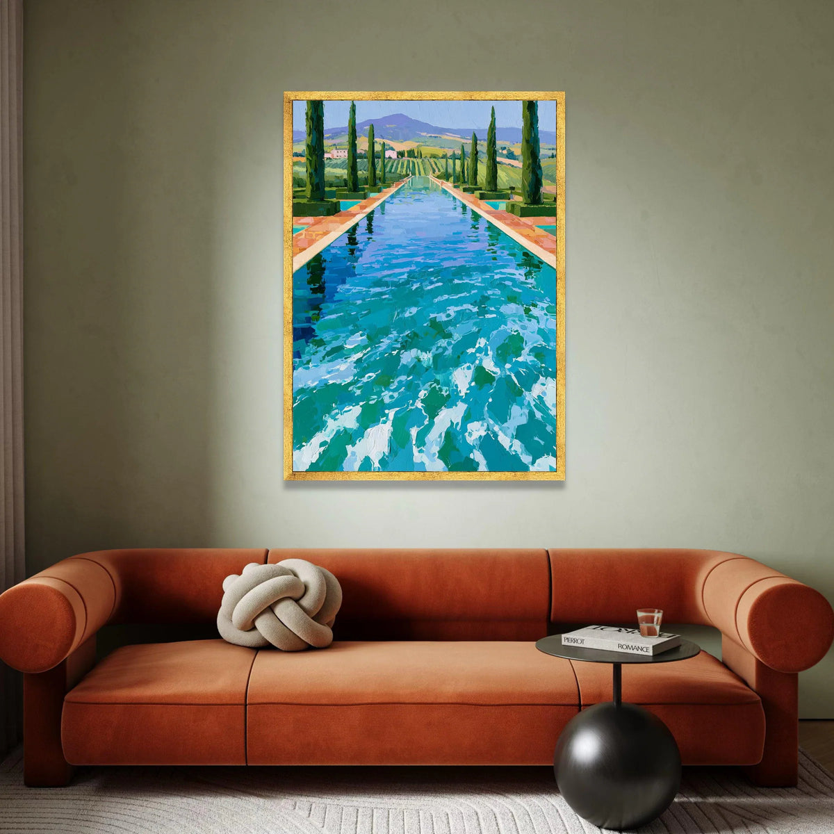 David Hockney Style Poolside Landscape Canvas, Contemporary Cypress Trees Wall Art, Vibrant Blue Water Reflection Artwork, Canvas Print Art