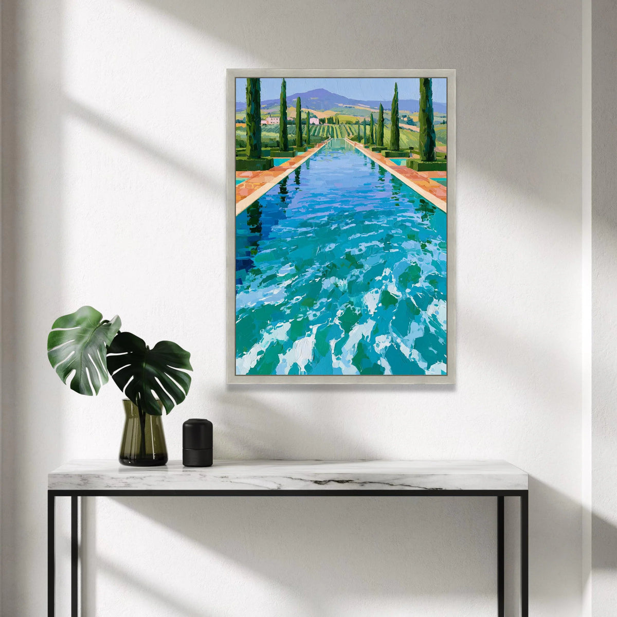 David Hockney Style Poolside Landscape Canvas, Contemporary Cypress Trees Wall Art, Vibrant Blue Water Reflection Artwork, Canvas Print Art