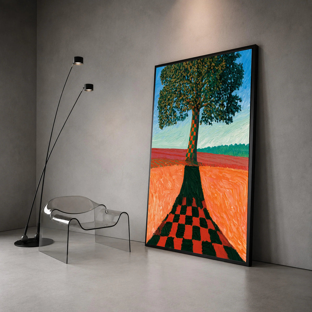 David Hockney Style Tree Canvas Wall Art, Checkerboard Shadow Landscape, Modern Abstract Nature Painting, Colorful Canvas Print Art