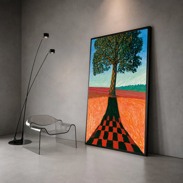 David Hockney Style Tree Canvas Wall Art, Checkerboard Shadow Landscape, Modern Abstract Nature Painting, Colorful Canvas Print Art