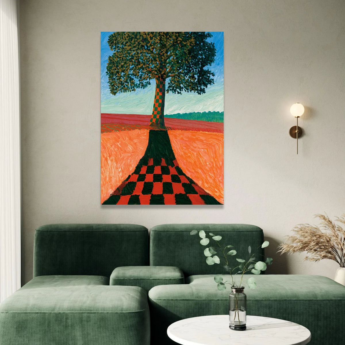 David Hockney Style Tree Canvas Wall Art, Checkerboard Shadow Landscape, Modern Abstract Nature Painting, Colorful Canvas Print Art