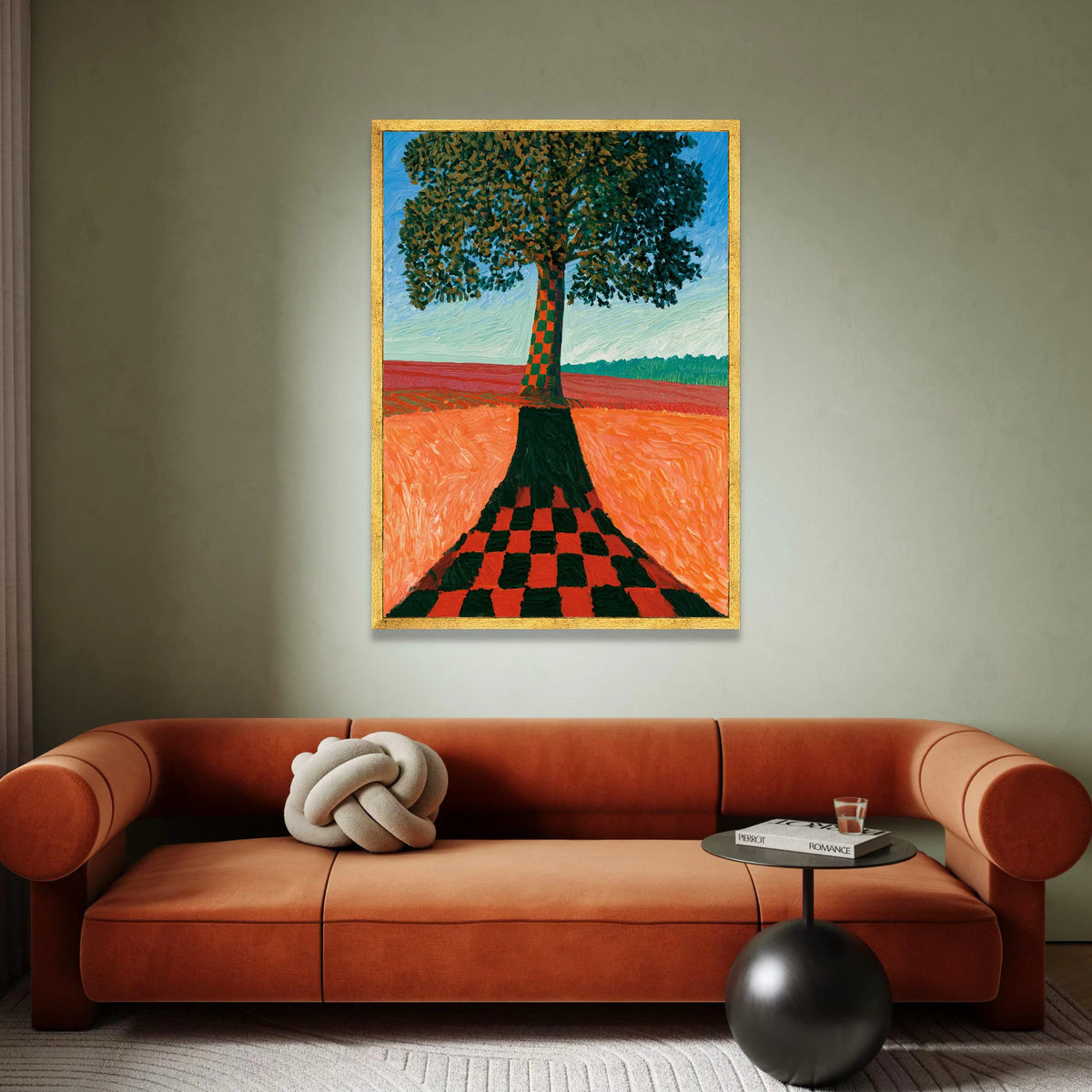 David Hockney Style Tree Canvas Wall Art, Checkerboard Shadow Landscape, Modern Abstract Nature Painting, Colorful Canvas Print Art