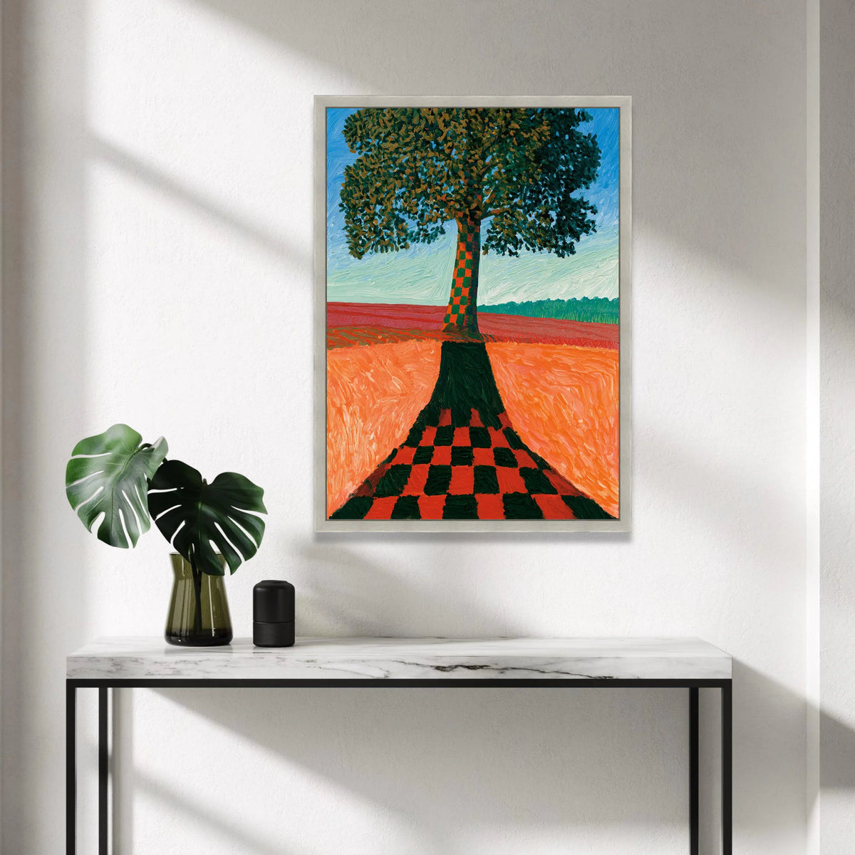 David Hockney Style Tree Canvas Wall Art, Checkerboard Shadow Landscape, Modern Abstract Nature Painting, Colorful Canvas Print Art