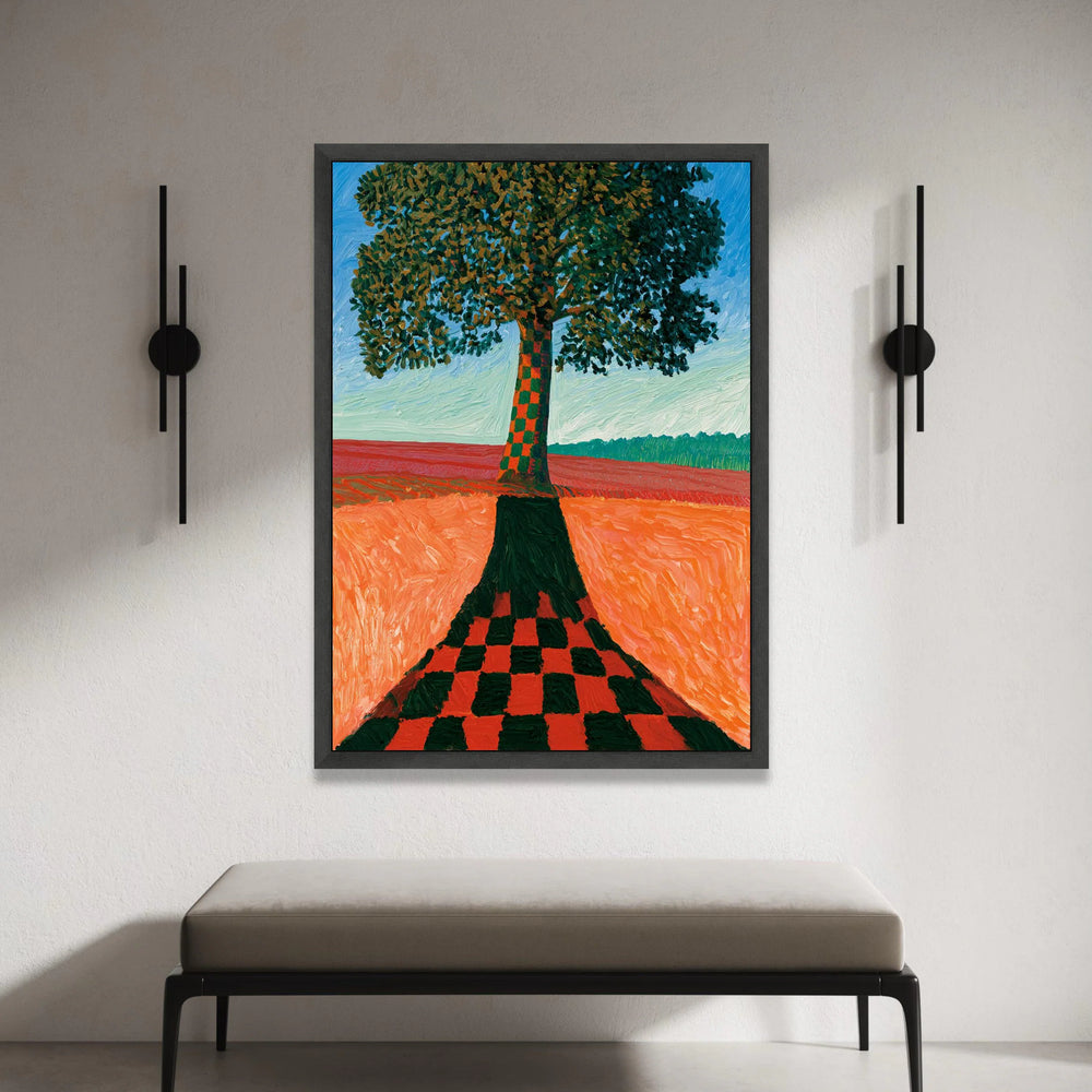 David Hockney Style Tree Canvas Wall Art, Checkerboard Shadow Landscape, Modern Abstract Nature Painting, Colorful Canvas Print Art