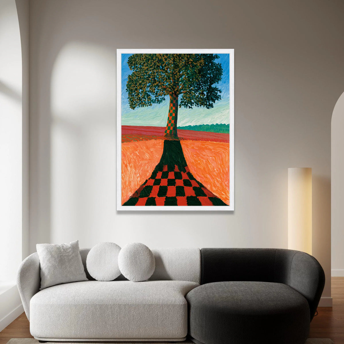 David Hockney Style Tree Canvas Wall Art, Checkerboard Shadow Landscape, Modern Abstract Nature Painting, Colorful Canvas Print Art